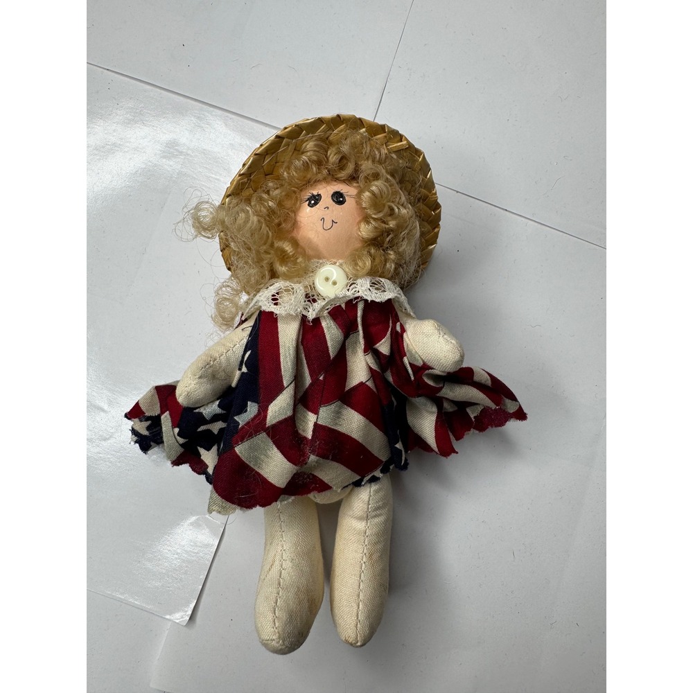 Vintage Primitive Americana Rag Doll Straw Hat American Flag Dress Folk Art 8"